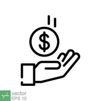 Save money icon. Simple outline style. Salary money, invest finance, hand holding dollar, economy, coin, business concept. Line vector illustration symbol isolated on white background. EPS 10.