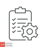 Clipboard with gear icon. Simple outline style. Project plan, document, task check list, cog, management concept. Thin line vector illustration isolated on white background. Editable stroke EPS 10.