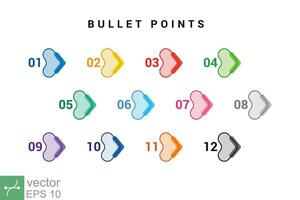 Direction number bullet points from one to twelve. Simple flat style. Number with arrow for list and tag infographic. Vector illustration isolated on white background. EPS 10.