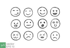 Hand drawn emotion faces. Doodle emoticons sketch, thin line icons of happy, sad, cute, fun, and angry face expression. Vector illustration isolated on white background. EPS 10.