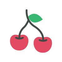 Two sweet Cherries fruit. Fresh and ripe Cherry twins with a leaf. Red berries food, organ, vegan, vegetarian icon. Vector illustration filled outline style. EPS10