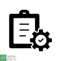 Clipboard with gear icon. Simple solid style. Project plan, document, compliant, task check list, cog, management concept. Glyph vector illustration isolated on white background. EPS 10.