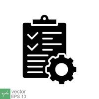 Clipboard with gear icon. Simple solid style. Project plan, document, compliant, task check list, cog, management concept. Glyph vector illustration isolated on white background. EPS 10.