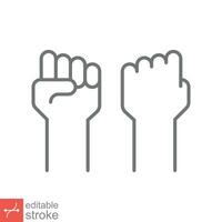 Fist raised up icon. Simple outline style. Strong arm, hand power, unity, revolution, protest, freedom concept. Thin line vector illustration isolated on white background. Editable stroke EPS 10.