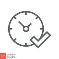 Check mark on clock icon. Simple outline style. Real time protection, perfect hour, circle watch, timer concept. Thin line vector illustration isolated on white background. Editable stroke EPS 10.