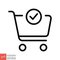 Shopping cart and check mark icon. Simple outline style for web, app, technology,  business concept. Trolley symbol isolated on white background. Thin line vector illustration Editable stroke EPS 10.