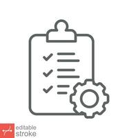 Clipboard with gear icon. Simple outline style. Project plan, document, task check list, cog, management concept. Thin line vector illustration isolated on white background. Editable stroke EPS 10.