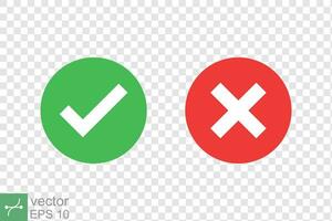 Checkmark cross icon. Simple flat style. Red x, green tick, check mark, right and wrong concept. Vector illustration isolated on editable background. EPS 10.