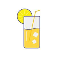 Orange Juice with lemonade slice, ice cubes and straw for drinks vacation icon. Cold Drink. Summer Cocktail with ice and lime. Mojito in glass. Vector illustration filled outline style. EPS10