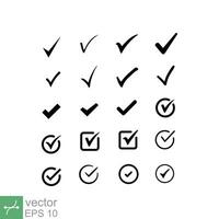 Check mark icon set. Simple flat style. Tick, checkmark, checkbox, checklist, black correct sign, accept concept. Vector illustration isolated on white background. EPS 10.