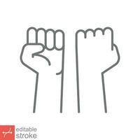 Fist raised up icon. Simple outline style. Strong arm, hand power, unity, revolution, protest, freedom concept. Thin line vector illustration isolated on white background. Editable stroke EPS 10.