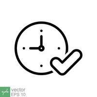 Check mark on clock icon. Simple outline style. Real time protection, perfect hour, circle watch, timer concept. Thin line vector illustration isolated on white background. EPS 10.