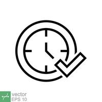 Check mark on clock icon. Simple outline style. Real time protection, perfect hour, circle watch, timer concept. Thin line vector illustration isolated on white background. EPS 10.