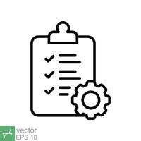 Clipboard with gear icon. Simple outline style. Project plan, document, compliant, task check list, cog, management concept. Thin line vector illustration isolated on white background. EPS 10.