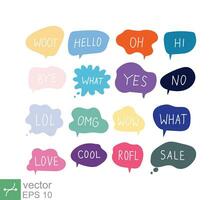 Bubble speech icon set. Talk phrases, online chat clouds with different words, conversation, quote balloon tag, text dialog, cartoon style. Vector illustration isolated on white background. EPS 10.