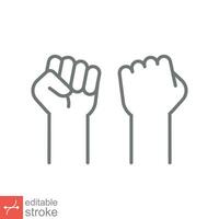 Fist raised up icon. Simple outline style. Strong arm, hand power, unity, revolution, protest, freedom concept. Thin line vector illustration isolated on white background. Editable stroke EPS 10.