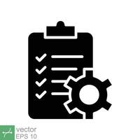 Clipboard with gear icon. Simple solid style. Project plan, document, compliant, task check list, cog, management concept. Glyph vector illustration isolated on white background. EPS 10.