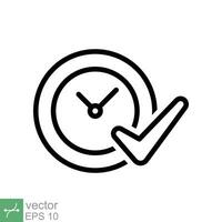 Check mark on clock icon. Simple outline style. Real time protection, perfect hour, circle watch, timer concept. Thin line vector illustration isolated on white background. EPS 10.