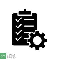 Clipboard with gear icon. Simple solid style. Project plan, document, compliant, task check list, cog, management concept. Glyph vector illustration isolated on white background. EPS 10.