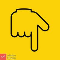 Backhand index pointing down icon. Simple outline style. Hand, down, arrow, finger concept. Thin line vector illustration isolated on yellow background. Editable stroke EPS 10.