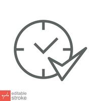 Check mark on clock icon. Simple outline style. Real time protection, perfect hour, circle watch, timer concept. Thin line vector illustration isolated on white background. Editable stroke EPS 10.