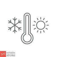 Weather temperature thermometer icon. Outline style sign for web and app. Thermometer with cold and hot symbol. Thin line vector illustration isolated on white background. Editable stroke EPS 10.