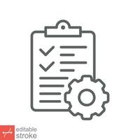 Clipboard with gear icon. Simple outline style. Project plan, document, task check list, cog, management concept. Thin line vector illustration isolated on white background. Editable stroke EPS 10.