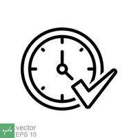 Check mark on clock icon. Simple outline style. Real time protection, perfect hour, circle watch, timer concept. Thin line vector illustration isolated on white background. EPS 10.