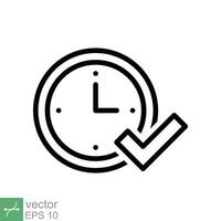 Check mark on clock icon. Simple outline style. Real time protection, perfect hour, circle watch, timer concept. Thin line vector illustration isolated on white background. EPS 10.