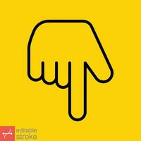 Backhand index pointing down icon. Simple outline style. Hand, down, arrow, finger concept. Thin line vector illustration isolated on yellow background. Editable stroke EPS 10.