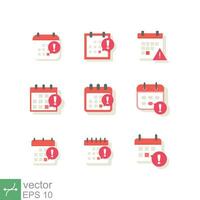 Calendar deadline icon set. Simple flat style. Event reminder notification, important date alert, notice, agenda, business concept. Vector illustration isolated on white background. EPS 10.