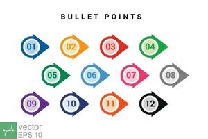 Direction number bullet points from one to twelve. Simple flat style. Number with arrow for list and tag infographic. Vector illustration isolated on white background. EPS 10.