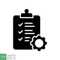 Clipboard with gear icon. Simple solid style. Project plan, document, compliant, task check list, cog, management concept. Glyph vector illustration isolated on white background. EPS 10.