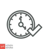 Check mark on clock icon. Simple outline style. Real time protection, perfect hour, circle watch, timer concept. Thin line vector illustration isolated on white background. Editable stroke EPS 10.