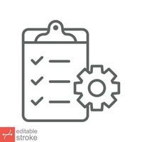 Clipboard with gear icon. Simple outline style. Project plan, document, task check list, cog, management concept. Thin line vector illustration isolated on white background. Editable stroke EPS 10.