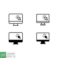 Computer monitor click cursor icon set. Simple outline, solid style. Blank screen display with arrow, technology concept. Thin line and glyph vector illustration isolated on white background. EPS 10.