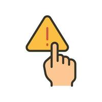 Index finger touch triangle warning symbol with exclamation mark inside for no manage hand sign. Finger, gesture, hand, interaction, warning icon Vector illustration filled outline style. EPS10