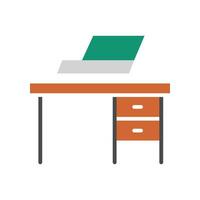 oficina escritorio, lugar de trabajo y trabajo, trabajando símbolo. estudiar mesa a hogar. pictograma computadora en escritorio, oficina cajones trabajo espacio. ordenador portátil en mesa icono. vector ilustración lleno contorno estilo. eps10