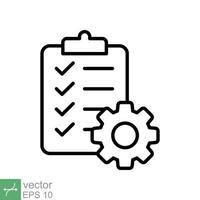 Clipboard with gear icon. Simple outline style. Project plan, document, compliant, task check list, cog, management concept. Thin line vector illustration isolated on white background. EPS 10.