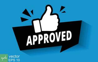 Approve stamp label with thumb up icon. Good seal, okay quality, authorized badge, approved. Vector illustration isolated on blue background. EPS 10.