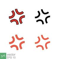 Anger symbol icon set. Simple solid, glyph, filled outline, line, flat style. Angry sign design, cartoon sticker, red emotion concept. Vector illustration isolated on white background. EPS 10.