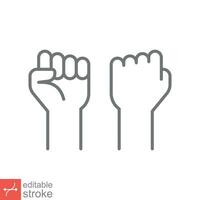 Fist raised up icon. Simple outline style. Strong arm, hand power, unity, revolution, protest, freedom concept. Thin line vector illustration isolated on white background. Editable stroke EPS 10.