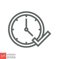 Check mark on clock icon. Simple outline style. Real time protection, perfect hour, circle watch, timer concept. Thin line vector illustration isolated on white background. Editable stroke EPS 10.