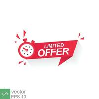 Red limited offer with clock for promotion, banner, price, sale. Label countdown time for exclusive deal, last chance. Alarm clock with limited offer isolated background. Vector illustration EPS 10.