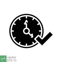 Check mark on clock icon. Simple solid style. Real time protection, perfect hour, circle watch, timer concept. Glyph vector illustration isolated on white background. EPS 10.