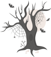 Scary tree with cobwebs, bats and full moon png