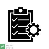 Clipboard with gear icon. Simple solid style. Project plan, document, compliant, task check list, cog, management concept. Glyph vector illustration isolated on white background. EPS 10.