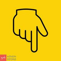 Backhand index pointing down icon. Simple outline style. Hand, down, arrow, finger concept. Thin line vector illustration isolated on yellow background. Editable stroke EPS 10.