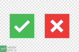 Checkmark cross icon. Simple flat style. Red x, green tick, check mark, right and wrong concept. Vector illustration isolated on editable background. EPS 10.