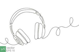 One line drawing of headphone, headset. Music element for listening audio, radio playlist. Continuous line art design isolated on white background. EPS 10. vector